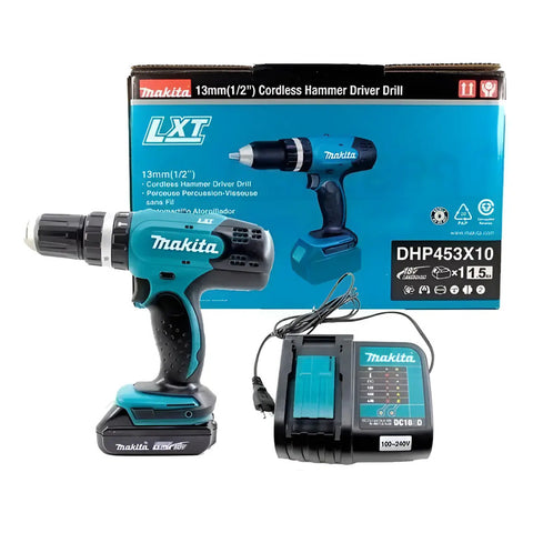 Kit Rotomartillo Atornillador 18v Makita Dhp453x10 Turquesa